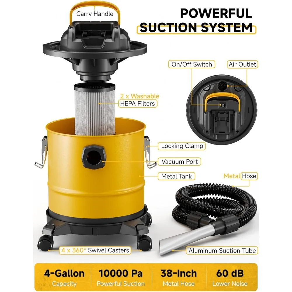 Aspirapolvere per cenere senza fili per stufe a pellet, per batteria massima 20 V, aspirapolvere per stufa a pellet con 2 filtri HEPA