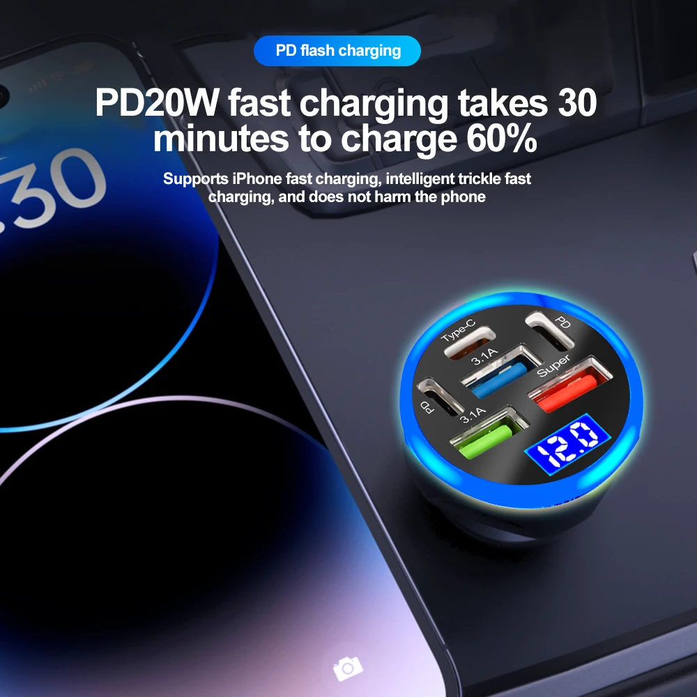 شاحن هاتف للسيارة لهاتف آيفون ، وسامسونج ، وهواوي ، وشحن سريع ، ومحول USB من النوع C ، PD ، و QC3.0 ، و W ، و 6 منافذ