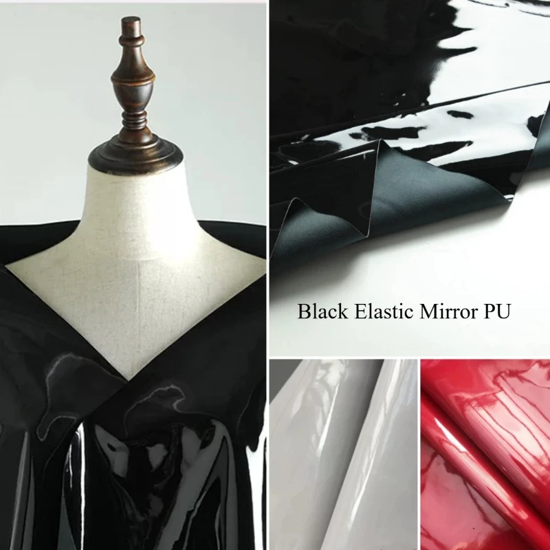 Black Elastic Mirror PU Imitation Leather Fabric Traceless Wrinkle Resistant Glossy Cloth Designer Diy Sewing By The Meter