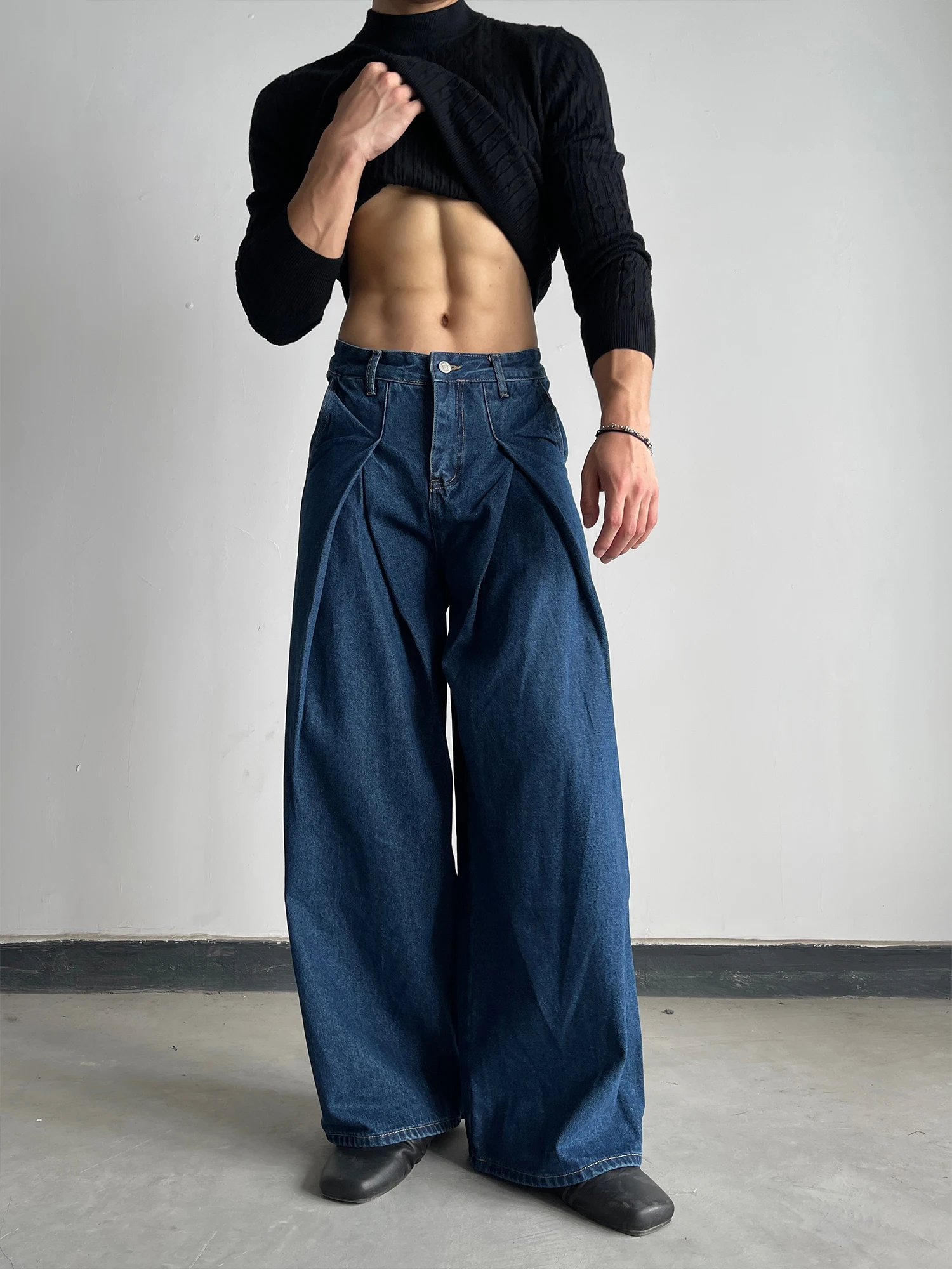 

Мужские джинсы в стиле ретро: американские, плиссированные, широкие, прямые, синие, осенне-зимние, свободные, повседневные, универсальные брюки