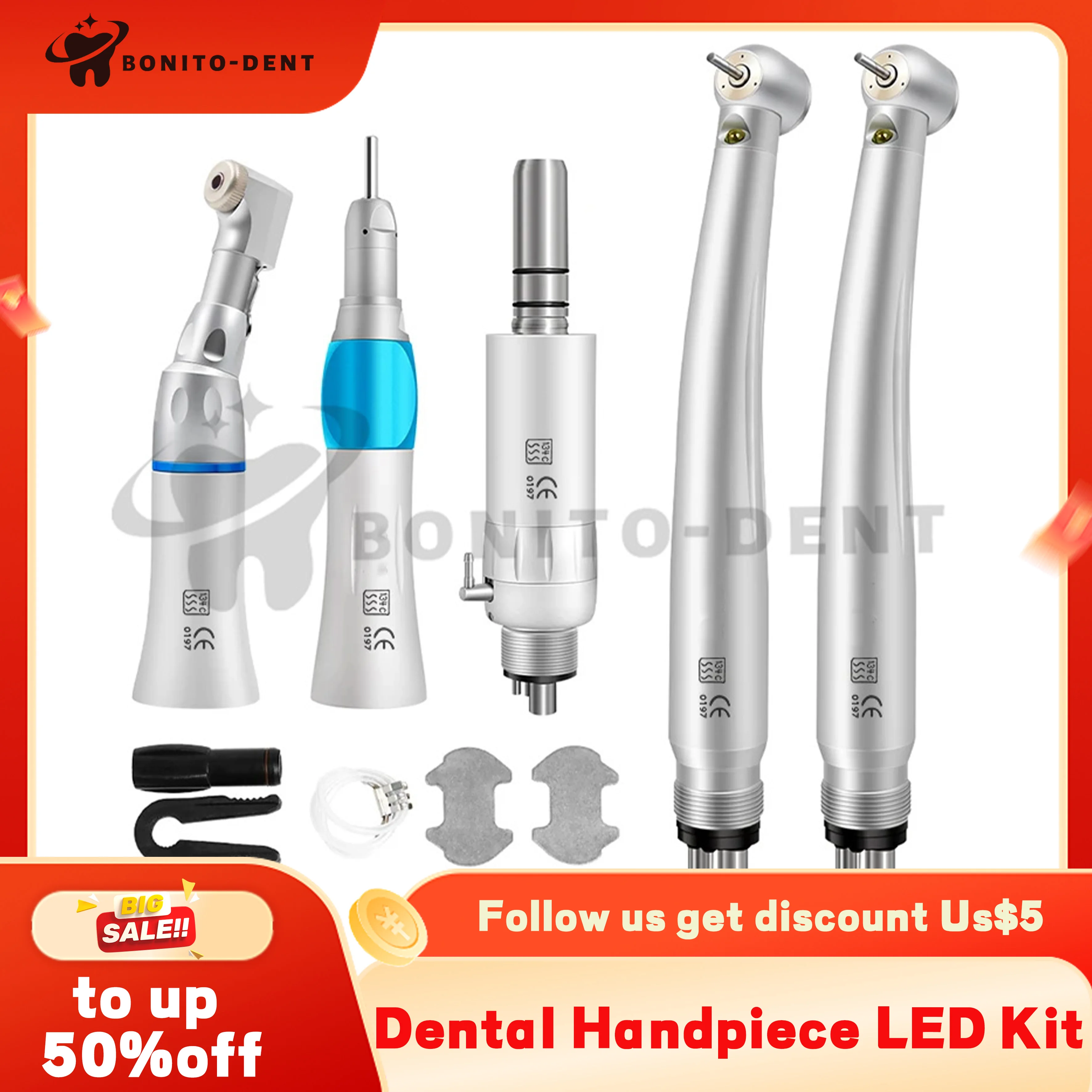 Dental Led High & Low Speed Handpiece kit Standard Head Straight Contra Angle Air Turbine Three Water E-Generator Euipment