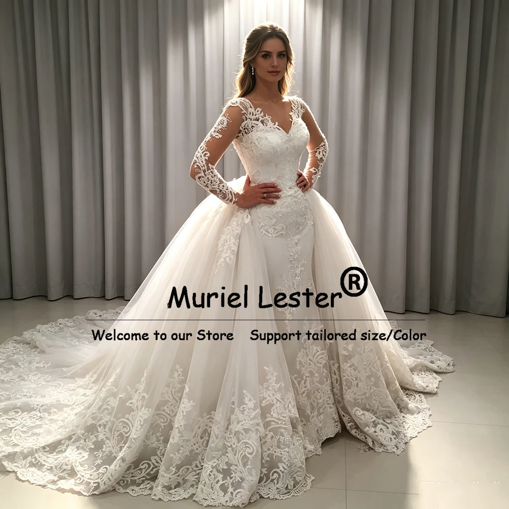 Handmade Lace Applique Mermaid Wedding Dress With Detachable Train 2 Piece Sets Bride Marriage Gowns Customized Robe De Mariee