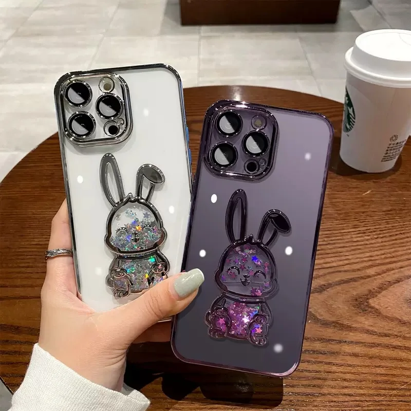 For iPhone14 Pro max Phone Case New Electroplated Quicksand Rabbit iPhone 14 11 12 With Glass Lens Film For iphone 13 case