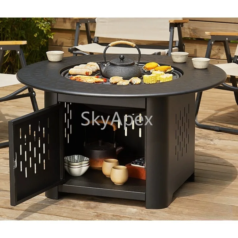 Round  Stove  Side  Tea Table - Multifunctional Charcoal BBQ & Heating  Stove Heavy Duty Rustproof for Home Patio Indoor Outdoor