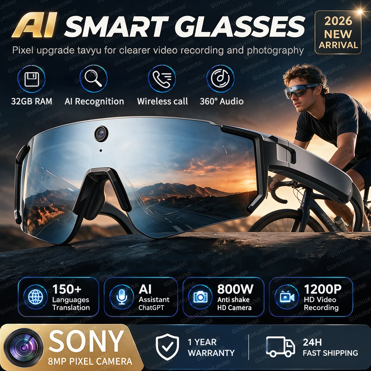 2026 New Smart AI Glasses Men with Camera 1200P HD Video Record ChatGPT 32GB Storage 150+Languages Translator Cycling Sunglasses