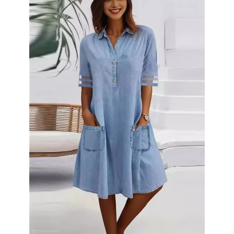 2025 Damen-Kleid mit hoher Taille, einfarbig, Mini-Denim, kurzärmelig, Knopfhalsausschnitt