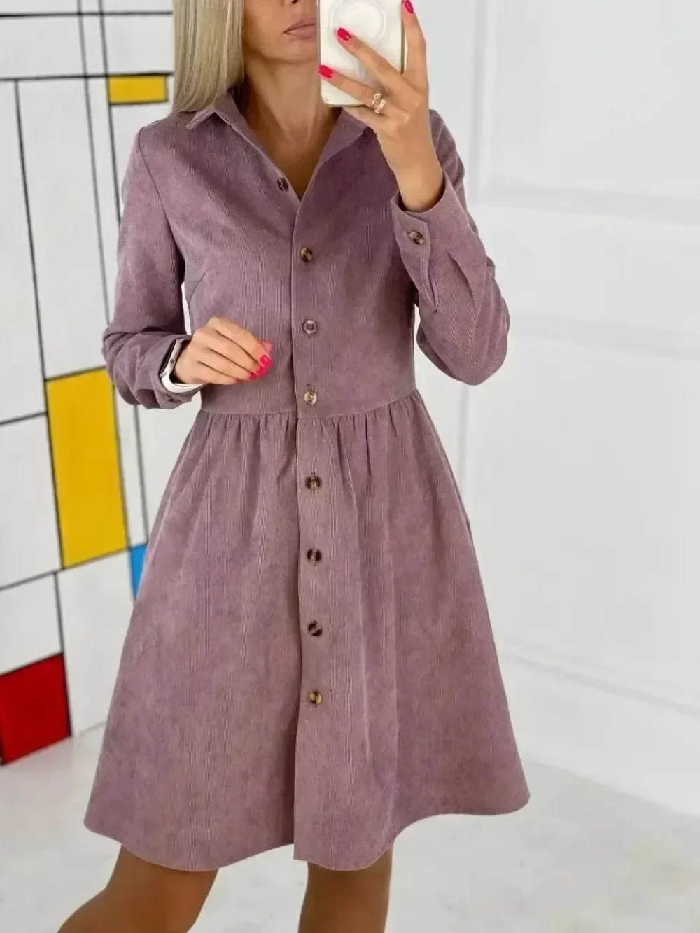 Nova moda feminina manga comprida único breasted camisa vestido de veludo senhoras casual saia longa moda feminina saia longa