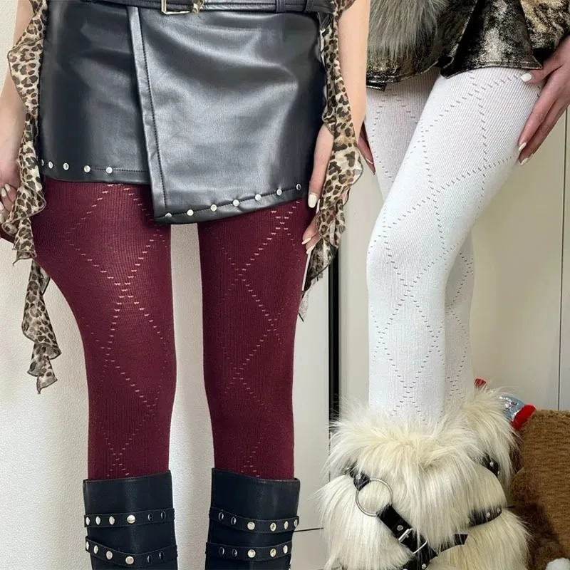 New Korean Retro Jacquard Knitted Rhombus Hollow Pantyhose Warm Base Grid Leggings Autumn Elastic Slim Stockings for Women Grils