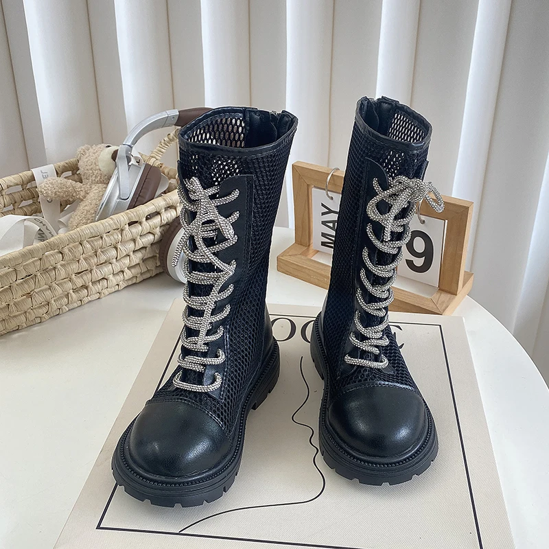 

Girls Boots Autumn Princess High Top Sandals Fashion Mesh Breathable Long Boots Kids Shoes Mid-Calf Cool Boots Botas Para Niñas