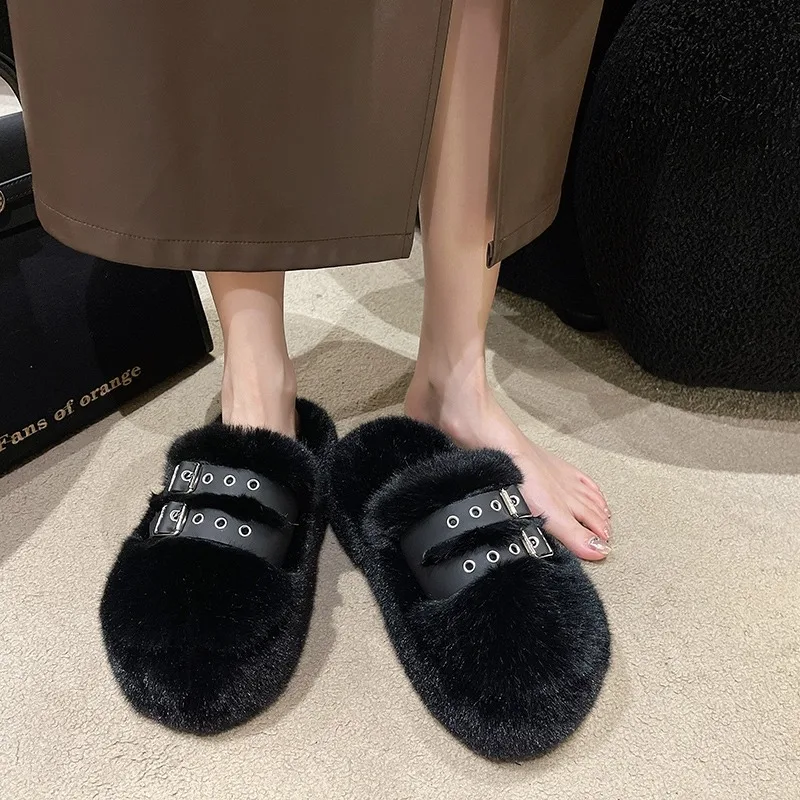 Sepatu bulu sandal wanita selop mewah berpenutup Platform ujung empuk 2024 pijat desainer sandal rumah Fashion Pla wanita