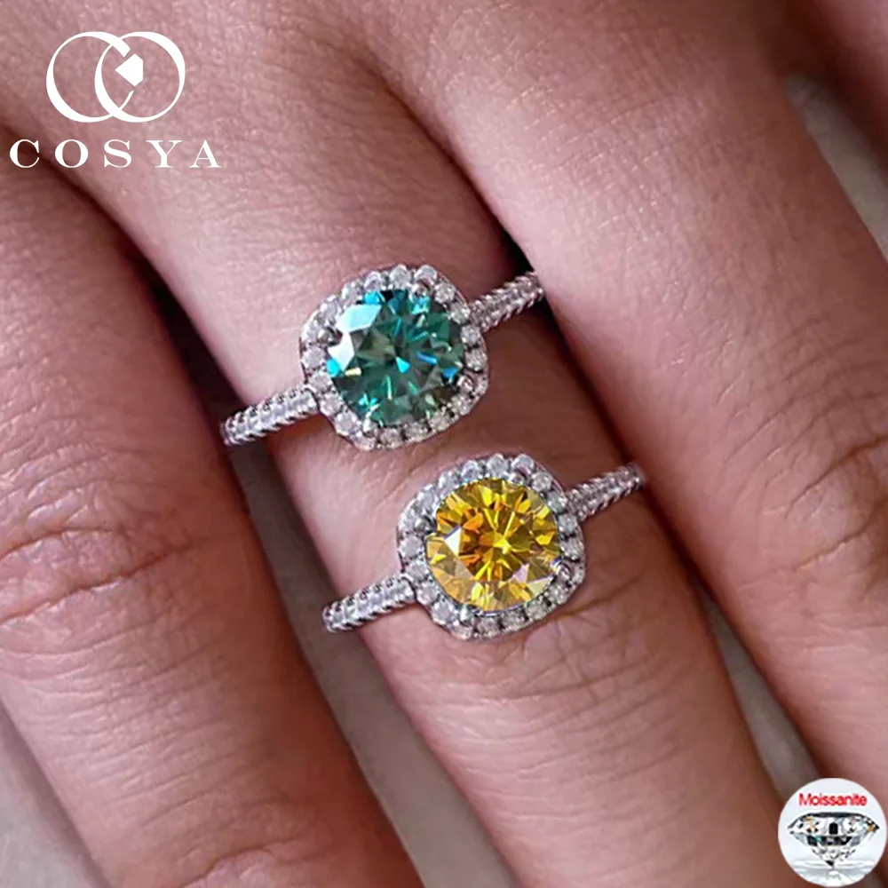 

COSYA 0.5/1/2/3/5CT Yellow/Green Moissanite Halo Ring For Women 100% S925 Silver VVS1 Lab Grown Wedding Band Fine Jewelry Gift