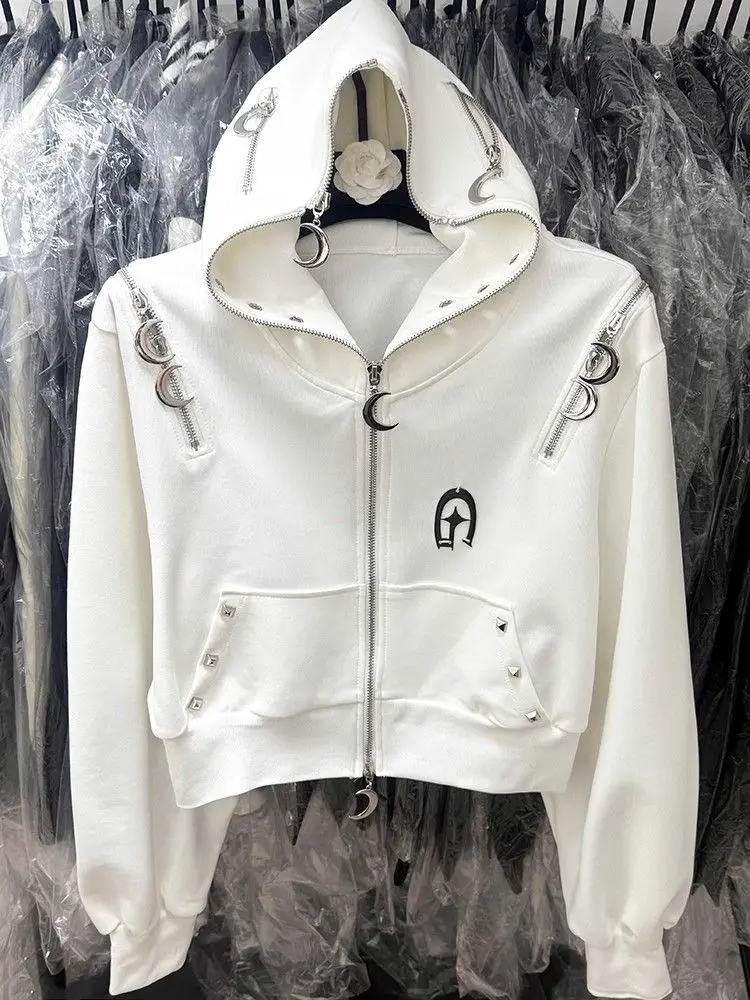 الأمريكية الرجعية هوديس المرأة القمر برشام القوطية الجرونج فضفاض الخريف Y2k 2000s الجمالية Harajuku الستر سستة الإناث البلوز #4