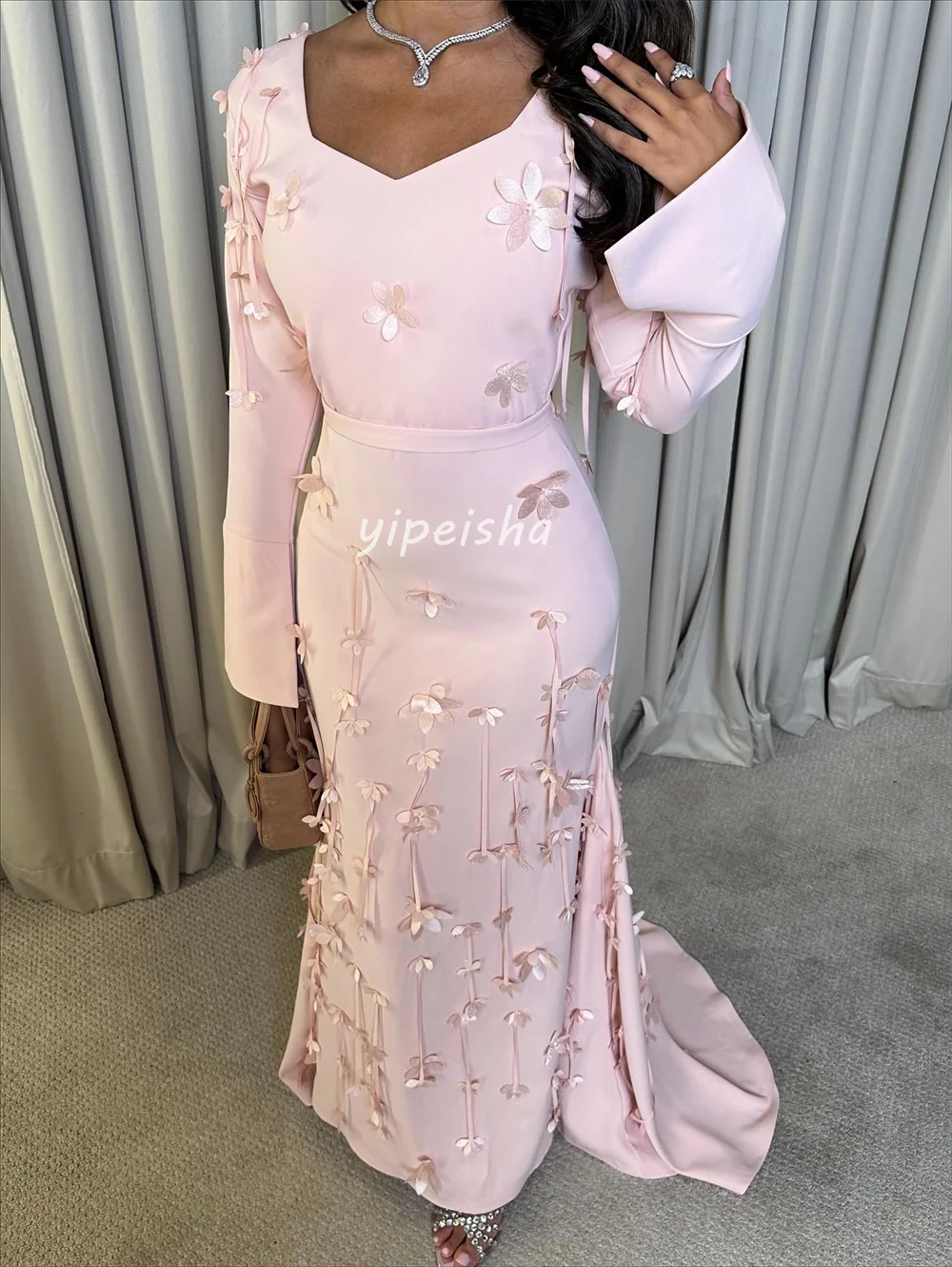 Vestidos largos personalizados con cuello en V y borlas de flores, Jersey de moda personalizado, vestidos para ocasiones a medida, tallas disponibles de alta calidad