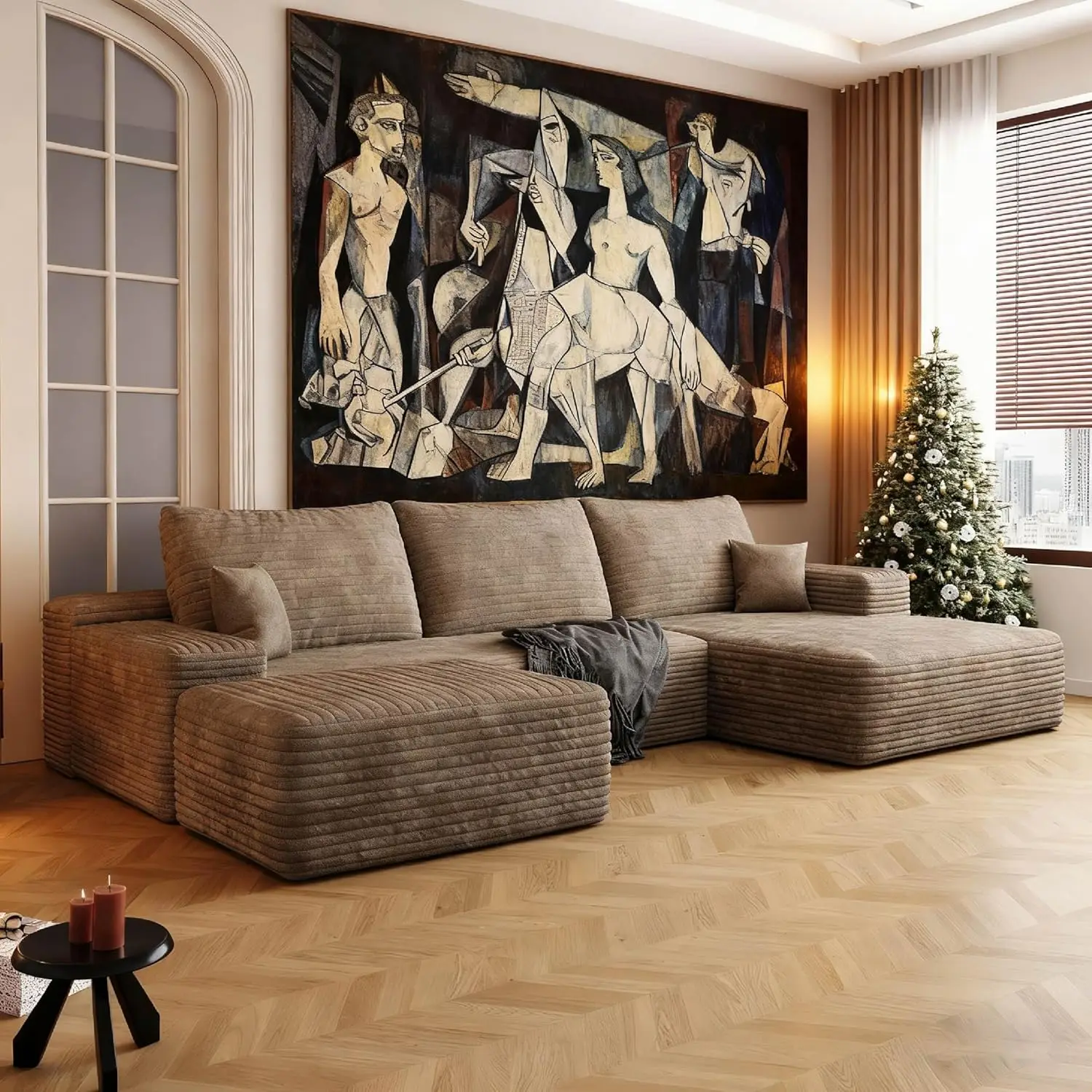 

U Shaped Boneless Sectional Sofa Corduroy 107in Deep Seat Ottoman Living Room Right Chaise, Customized