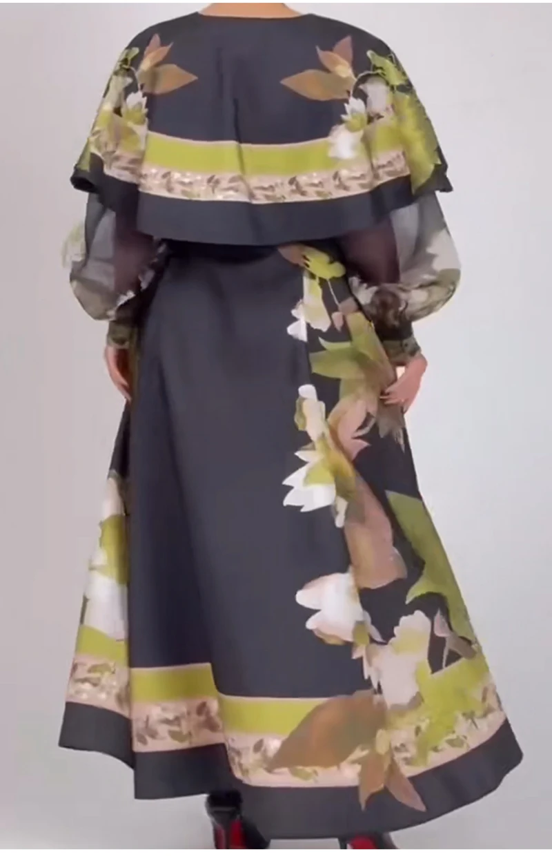 Retro 2025 Women's Autumn New V-Neck Cloak Lantern Long Sleeve Loose Print Dress With Waist-Tied And Big Swing Fluffy Dress