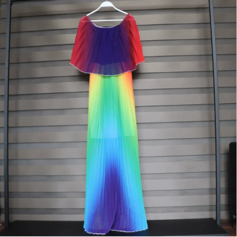 Sukienka damska afrykańska z odkrytymi ramionami, w kolorach tęczy, długa, modna, z plisowaną dekoracją, wykonana z poliestru, luźna, plus size.