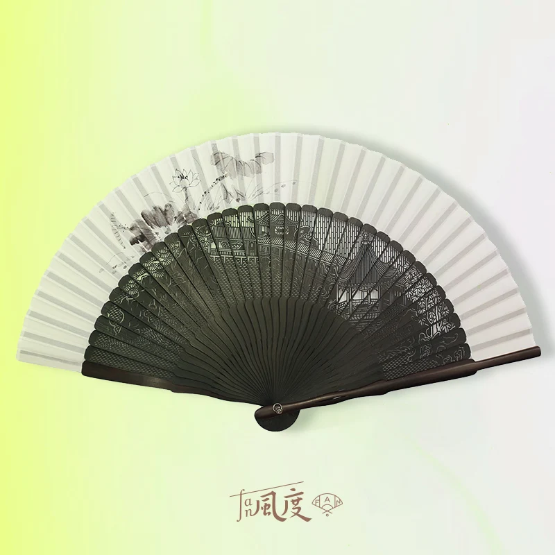 Suzhou Fans Ebony Folding Fan Hollow Carved Silk Hand Painted Jiangnan Gift Fan