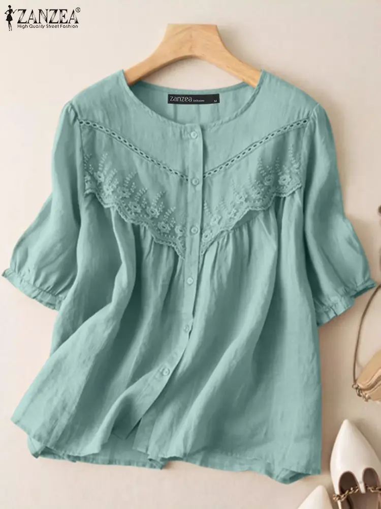 ZANZEA Half Sleeve Mesh Patchwork Blouse Loose Vintage Elegant Women Tops Button Up Casual Lace Insert 2024 Summer Blusas Shirt