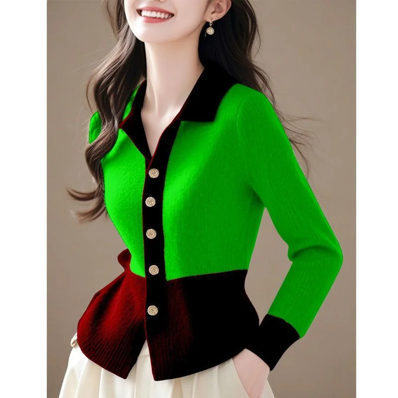Women\'s Knitted Sweater 2025 New Spring Autumn Fashion Polo Collar Knitwear Cardigan Coat Leisure Versatile Sweater Jacket Top
