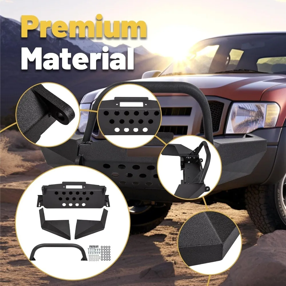 Front Bumper Compatible with 1998-2011 Ford Ranger W/Winch Plate Bull Bar D-Ring Mounts Bumper Assembly Steel Powder Coated Bla
