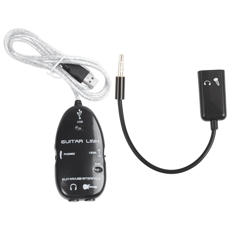 1 Pcs Guitar To USB Interface Link Cable Adapter & 1 Pcs 3.5Mm Audio Splitter Male To Headphone + Microphone Adapter