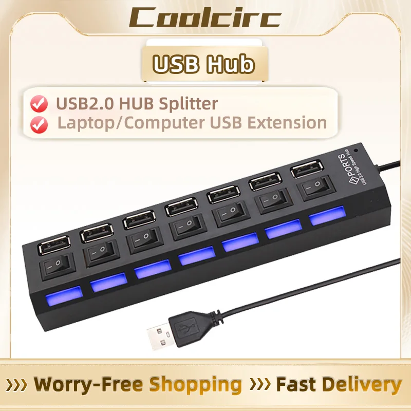 Coolcirc 7-Port USB 2.0 Switch Extension Hub - 1 إلى 7 USB Splitter للكمبيوتر/الكمبيوتر المحمول/سطح المكتب (الاتصال السريع، توسيع متعدد الأجهزة)