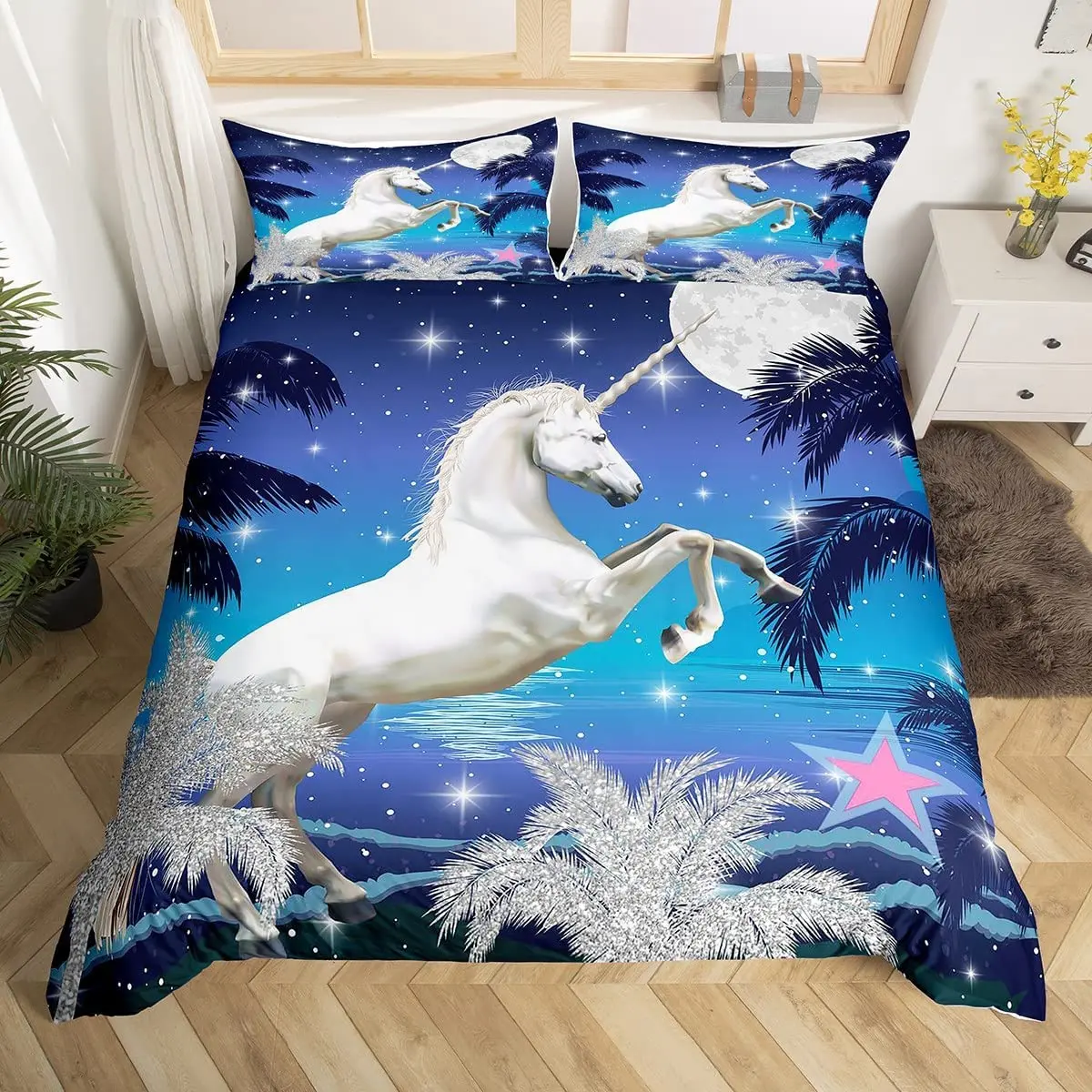 

Cartoon Kawaii Unicorn Duvet Cover Set Girly Fantasy Star Moon Galaxy Bedding Set Twin King Microfiber Leaves Comforter Cover