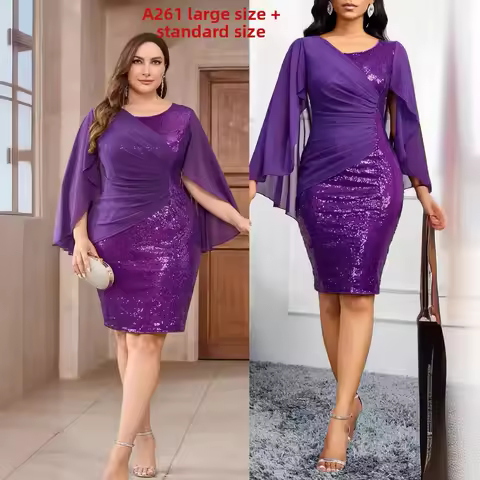 Plus Size Plus Size Dress round Neck Chiffon Shoulder Wrap Style Sequin Slim Fit Short Skirt Evening Party Women's Fashion Dress