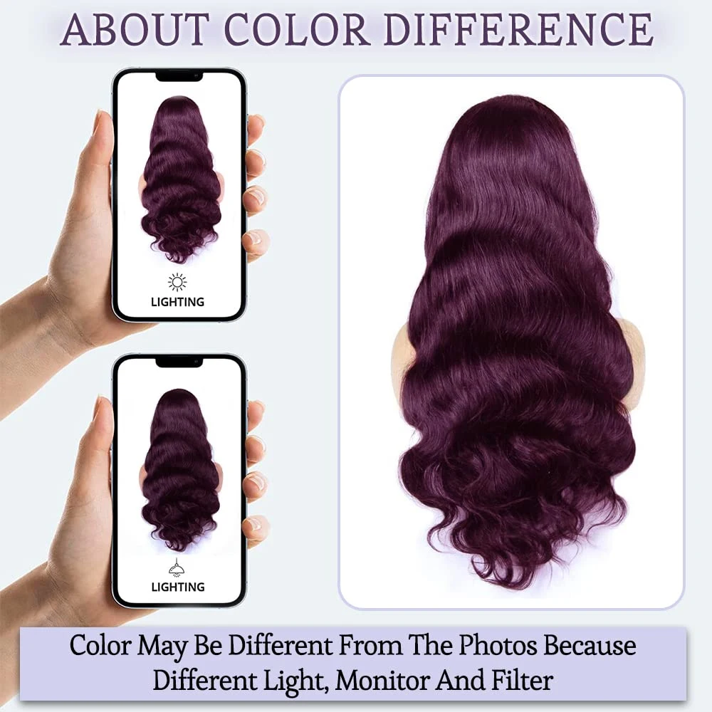 200% Density 13X6 Dark Purple Colored Body Wave Lace Front Wigs Pre Plucked Glueless 13x4 Long Wavy Lace Frontal Wigs For Women - Image 3