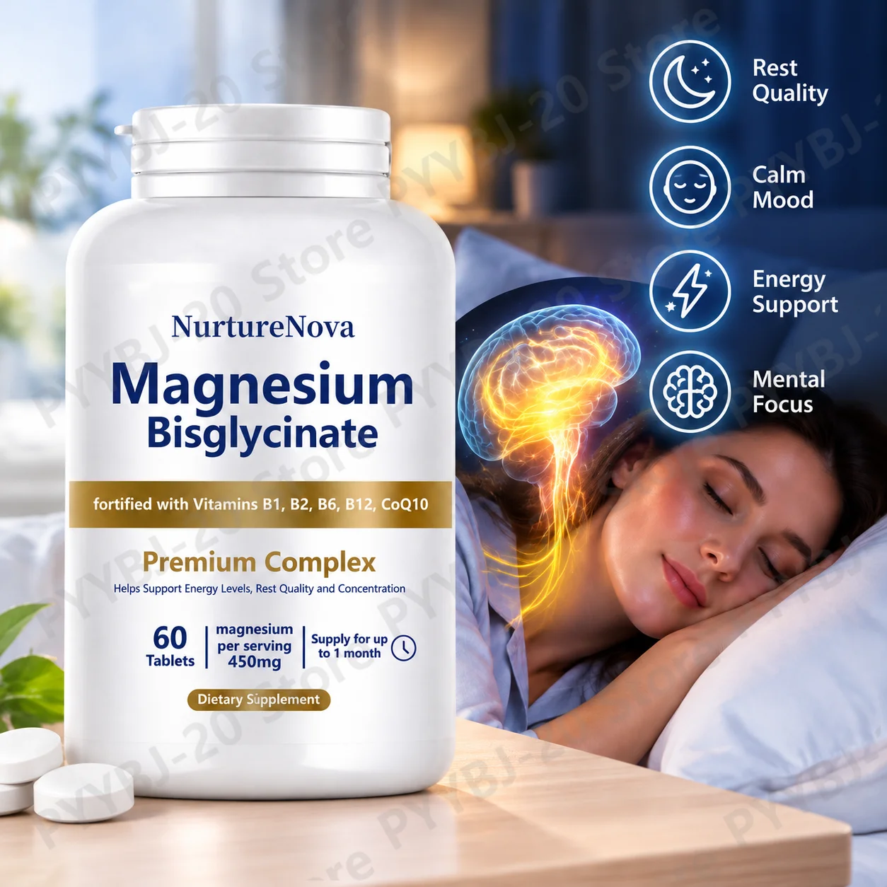 Magnesium Bisglycinate Tablets Rest Quality Calm Mood Energy Support Mental Focus Support with Vitamin B1 B2 B6 B12 CoQ10 60ct