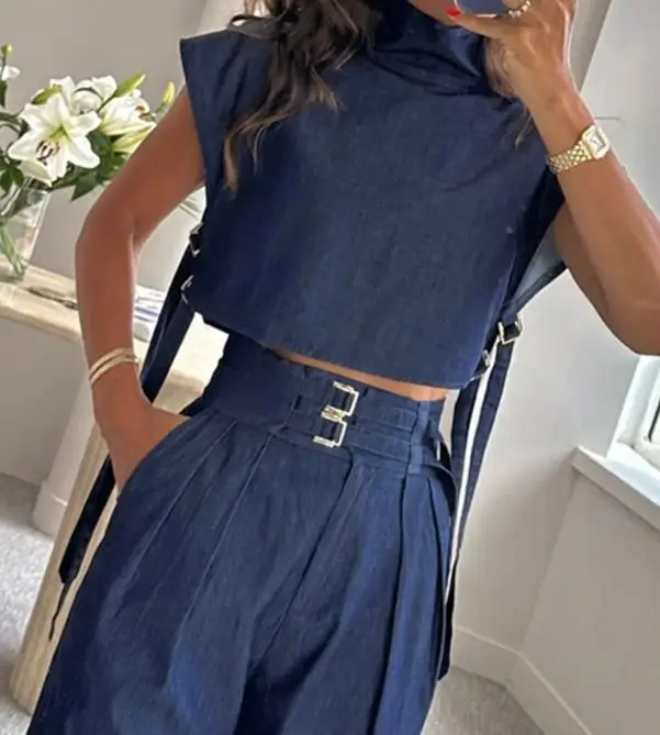 Two Piece Set Women Outfit 2023 Summer Fashion Casual Turtleneck Sleeveless Top & Buckle Pocket Design High Waist Pants Set