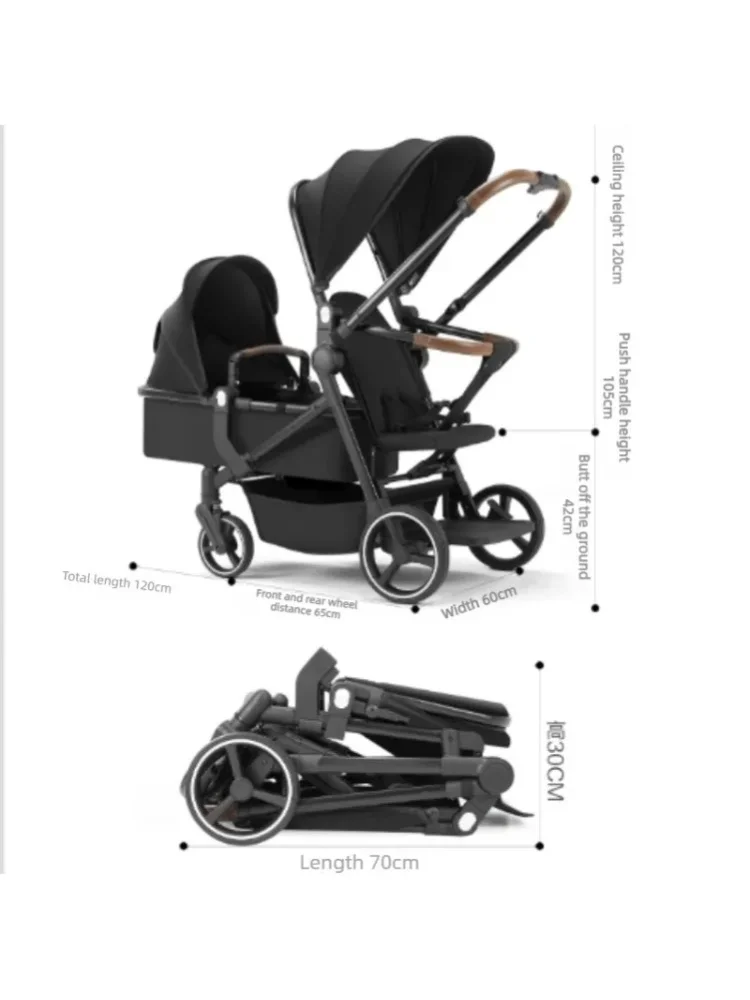Zwillingskinderwagen für Babys unter 3 Jahren mit festem oberem Sitz, umkehrbarer Tandem-Doppelkinderwagen mit Babywanne