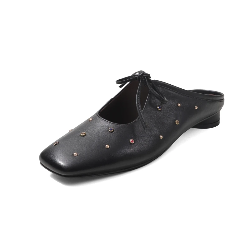 2026 Summer New Rivets Genuine Leather Retro Women Slippers Thick High Heels Lady Party Prom Shoes Woman Pumps Heels Women Shoes