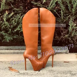 Round Toe Platform Boots With Stiletto Heel Women Winter Splicing Toe Shoes Lady Concise Brown Outfit Bevel Edge Knee High Boots