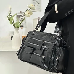 Retro Tote Bag PU Soft Motorcycle Bags Travel Zipper Pocket Fashion Crossbody Pack Outdoor Camping Hiking Weekend Satchel Women