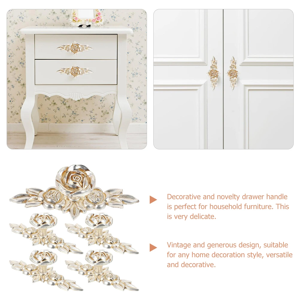

5Pcs Rose Flower Cabinet Knobs Vintage Style Zinc Alloy for Kitchen Drawer Cupboard Door Decorative Pull Handles
