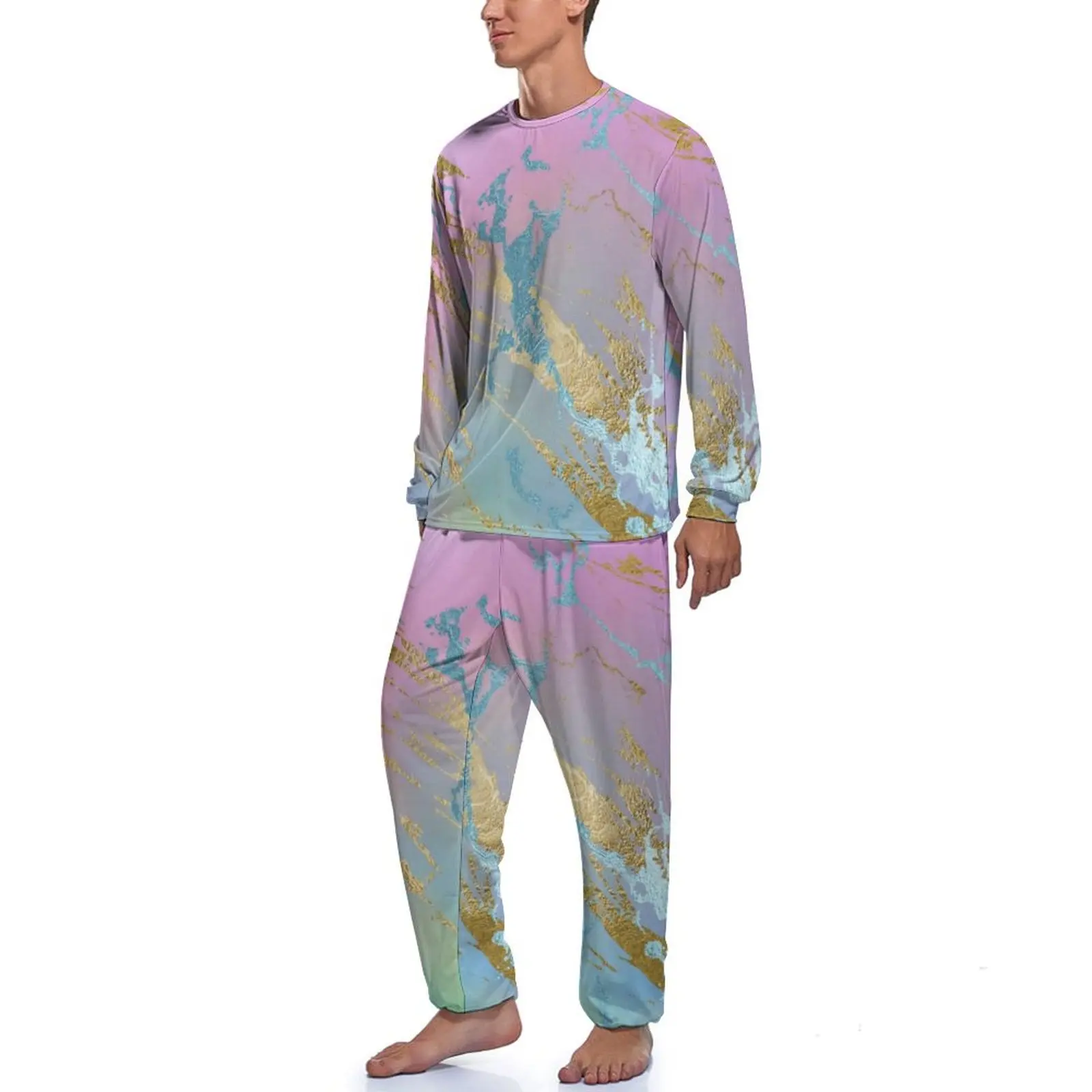 Ombre Watercolor Pajamas Long Sleeve Pastel Marble Print 2 Pieces Sleep Pajamas Set Winter Men Printed Cute Nightwear