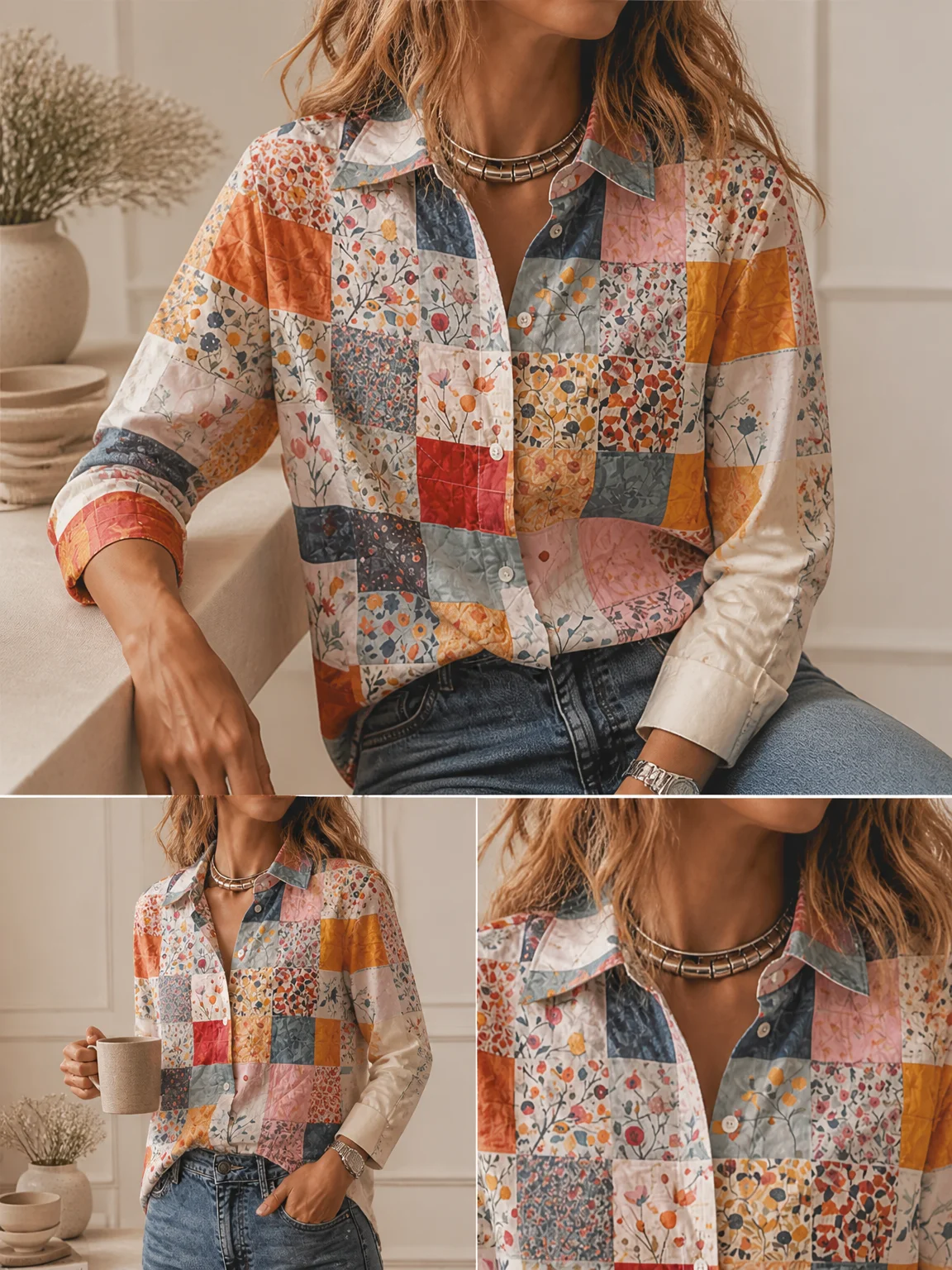 Chemisier Chic Ample à Col 2026, Blouse Polyvalente à Manches Longues et Boutonnage Simple pour Femme, Idéale pour le Quotidien et les Week-ends