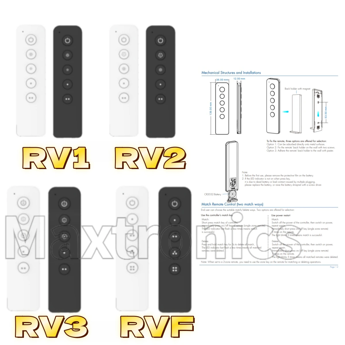 5-button 2.4G RF Wireless Remote Control RV1 1Zone DiM / RV2 2Zones CCT /RV3 2Zone RGB/RGBW/RGBCCT/ RVF 4-Zone LED Strip Light