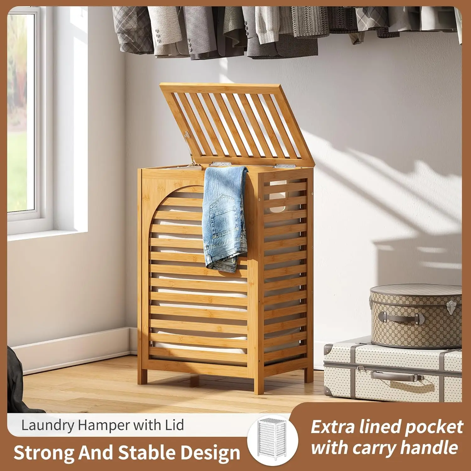 

Large Bamboo Laundry Hamper with Lid 85L Clothes Basket Removable Bag Storage for Bathroom Natural