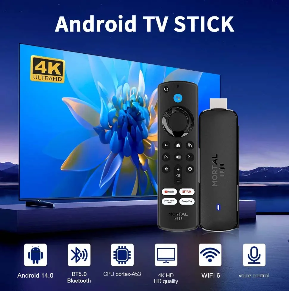 Mortal Q8 ATV TV Stick Android 14 WIFI6 4K Allwinner H313 Quad-core Cortex A53 CPU BT5.0 Comando de voz Multi-language Smart TV Box