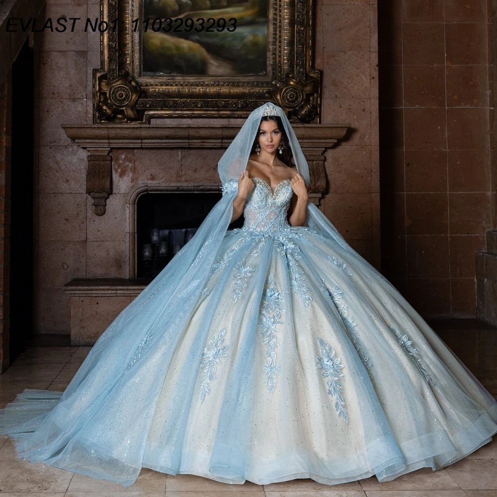 

EVLAST Customized Glitter Blue Ball Gown Quinceanera Dress Lace Applique Beading Cape Corset Sweet 16 Vestidos De 15 Anos E1Q899