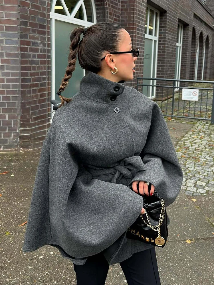 

Women's Poncho Coats Vintage High Neck Cape Style Jacket Coat Long Sleeve With Belt Female Autumn Winter New Cloak Outerwear ﻿ ﻿