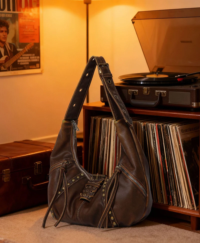 

New Studs Rivets Lady Shoulder Bags for Women Vintage Brown Women PU Leather Handbags Casual Female Tote Shopping Bag