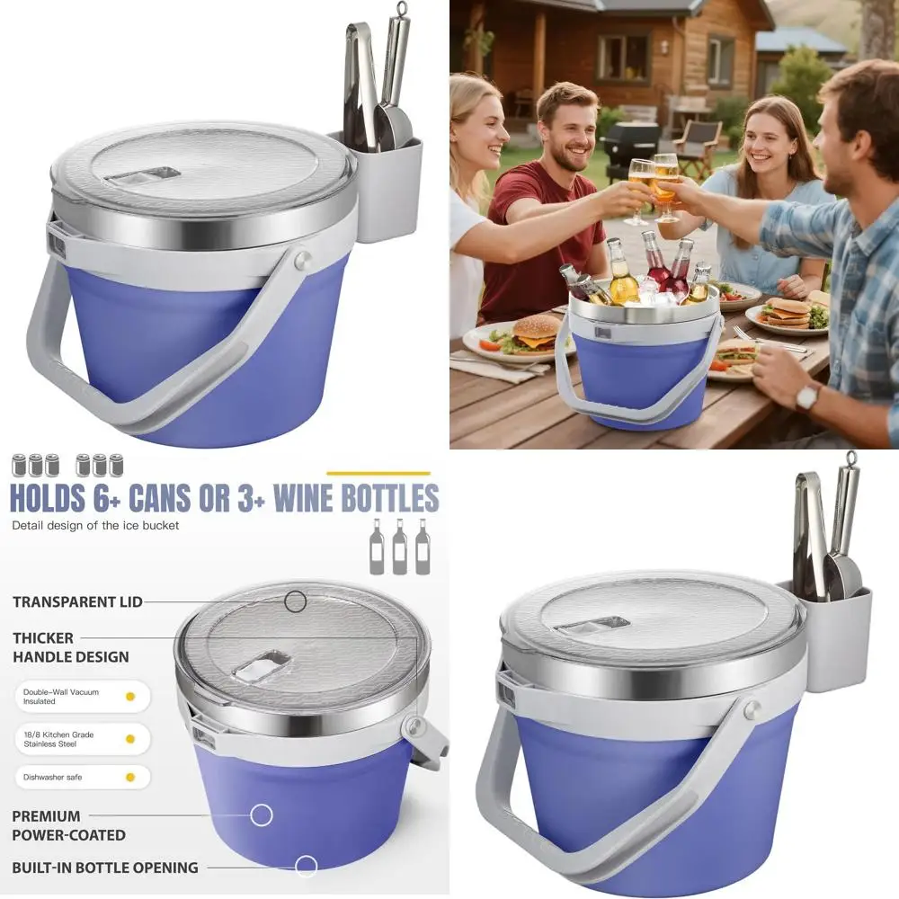 

7L Vacuum Insulated Ice Bucket with Lid, Scoop & Tongs - Large Stainless Steel Beverage Bucket for Cocktails, Champagne, Wine, B