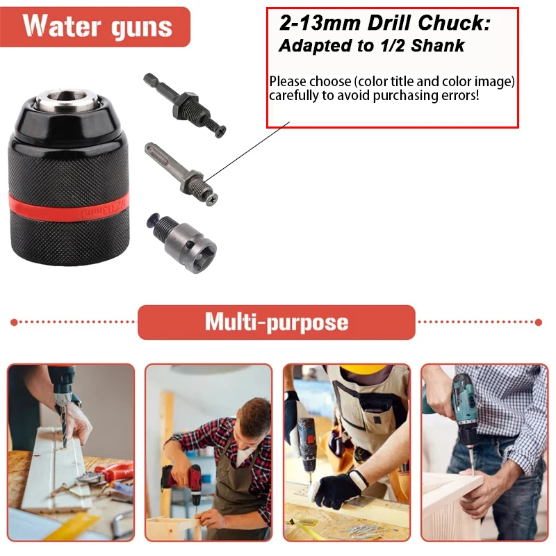 4pcs/set,2mm~13mm Threaded Metal Keyless Drill Chuck,1/2-20UNF Quick Change,Conversion Shank(Hex/SDS-Plus/Socket Square Adapter)