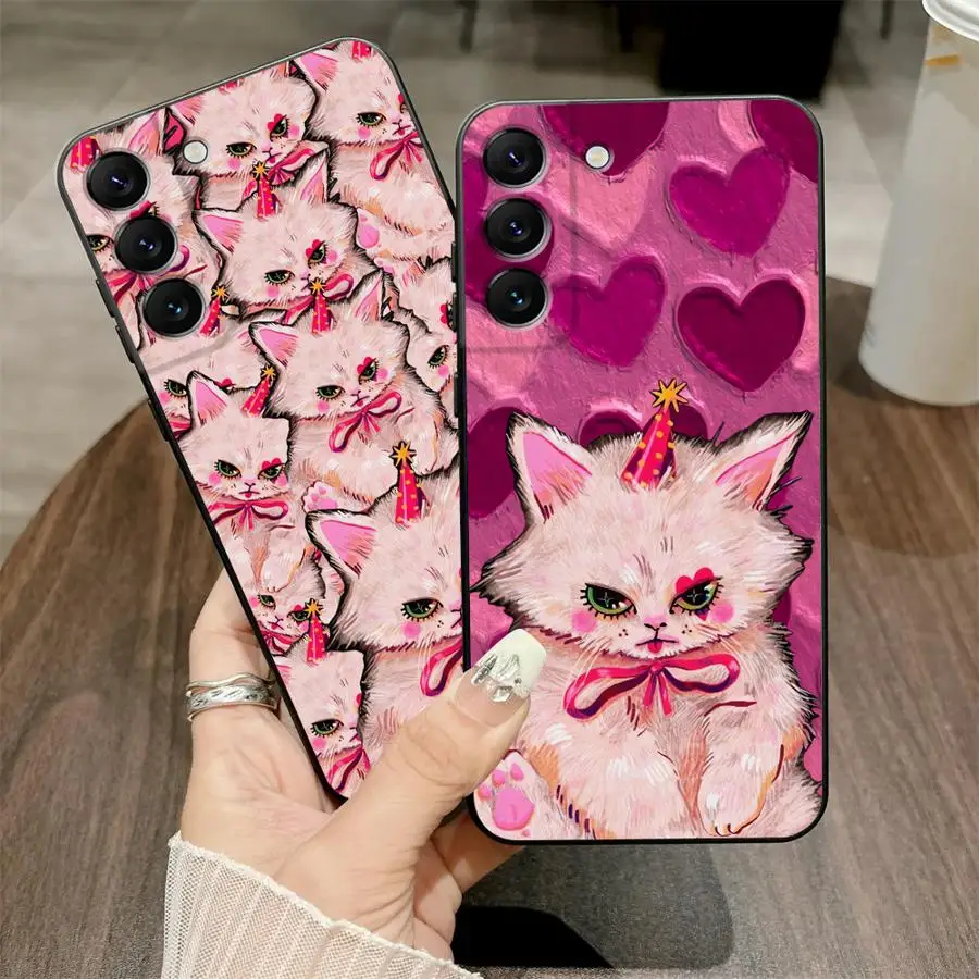 حافظة لهاتف سامسونج جالاكسي A06 A01 A02 A50 A70 نوت 20 Ultra 9 10 A30 A40 A05 A10 A20 A03 A04 قطة وردية لطيفة #2