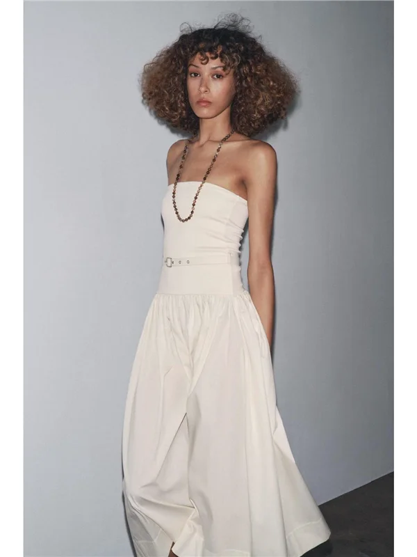 

Hepburn Sle Midi Dr Belt Decorated oulder Bared Straight Collar Patchwork Bustier Gown A-Line PVC Fabric Zipper Opening