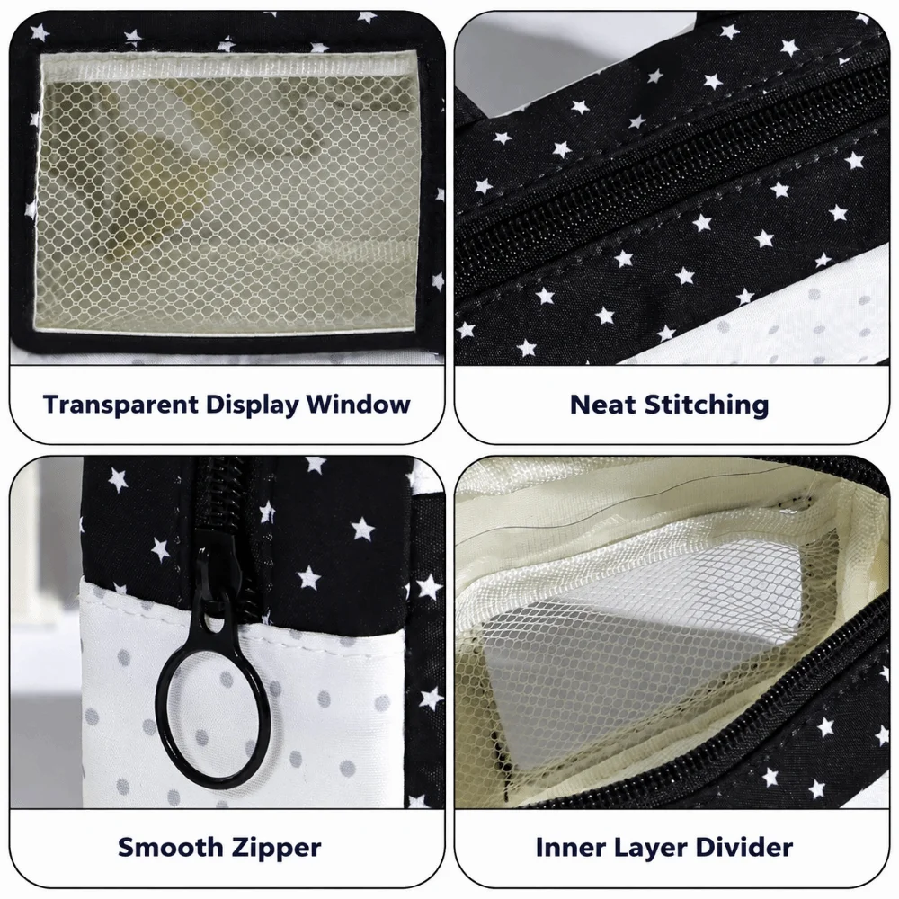 Cat Ear Design Pencil Case Music Note Star Print Multi Compartment Pencil Pouch Large Capacity with Clear Window Stationery Bag