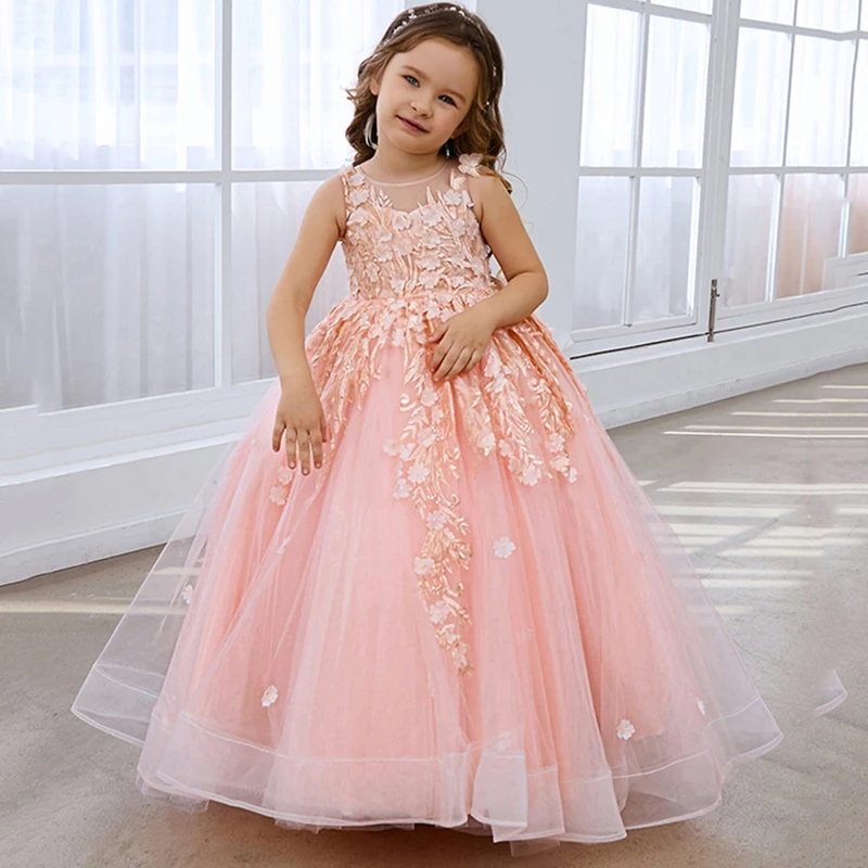 

Elegant Pink Flower Girl Dresses For Wedding Lace Applique Tulle Sleeveless Fluffy Child First Eucharistic Birthday Party Dress